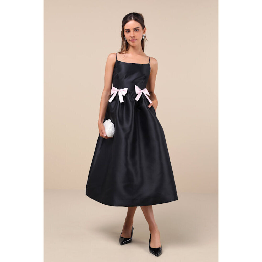 Lulus Classy Aesthetic Black Taffeta Bow Midi Dress With Pockets - Size XS